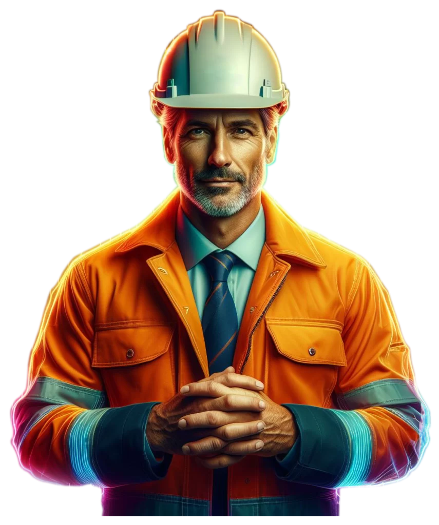 Australian engineer in orange and ash uniform looks confidently at viewer, neon lines, yellow gradient background.